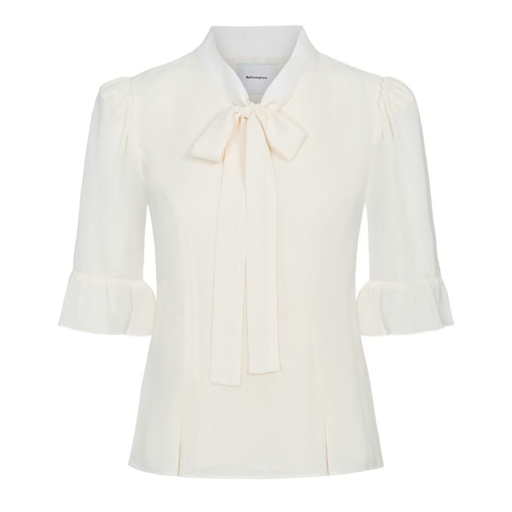 Reformation x Nara Smith Cloud Egg Tie Neck Blouse in Fior Di Latte 16 - Picture 3 of 5